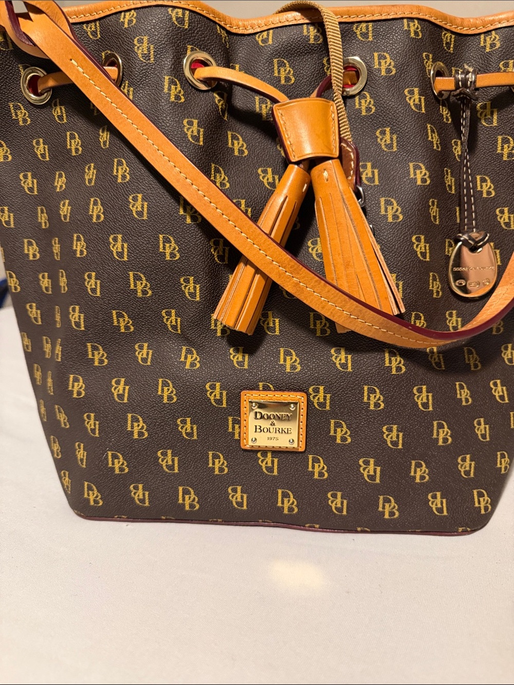 Dooney & Bourke Brown Logo Drawstring Tote with Tan Trim